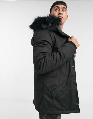 parka jacket with faux fur hood trim in black