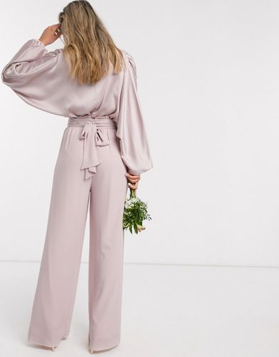 bridesmaids wide leg pants with ruffle waist detail and belt in pink