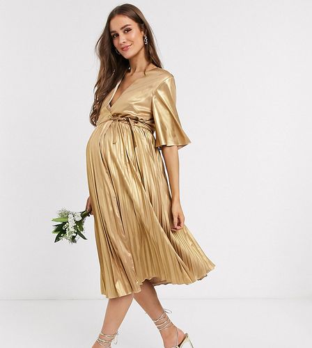 wrap front pleated midi dress in gold