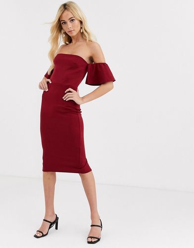 Bardot Midi Dress With Frill Sleeves-Red
