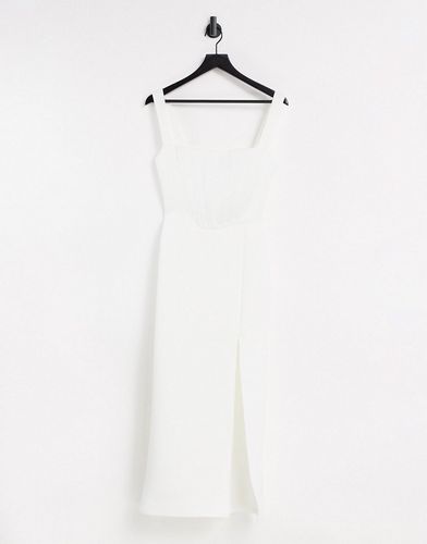 exclusive square neck body-conscious midaxi dress with thigh split in ivory-White