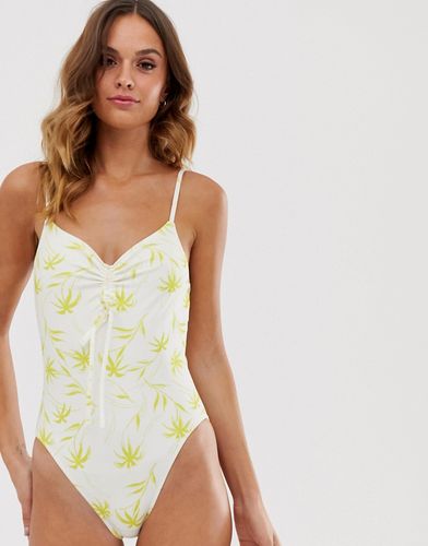 yellow palm print ruched tie front swimsuit-Multi