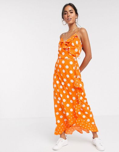 frill maxi dress in orange polka dot-Multi