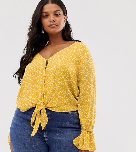 tie front crop top in all over rose print-Yellow