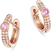 14K Rose Gold Pink Sapphire & Diamond Huggie Hoop Earrings