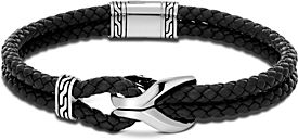 Sterling Silver Classic Chain Cord Bracelet with Black Leather