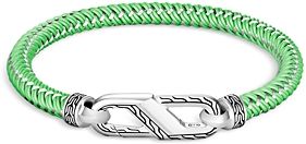 Sterling Silver Classic Woven Green Rubber Carabiner Clasp Bracelet