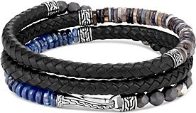 Sterling Silver & Leather Classic Chain Gemstone Triple-Wrap Bracelet