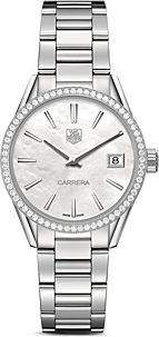 Carrera Stainless Steel and White Mother of Pearl Dial Watch with Diamond Bezel Case, 32mm