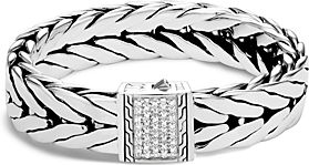 Sterling Silver Modern Chain Pave Diamond Wide Flat Bracelet