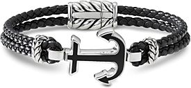Sterling Silver & Leather Maritime Anchor Station Bracelet with Black Onyx