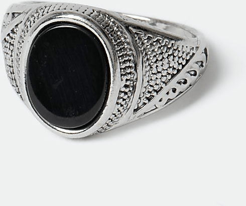Mens Black engraved round stone signet ring