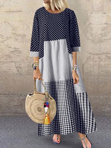 Polka Dot Plaid Patchwork Long Sleeve Plus Size Maxi Dress