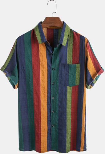 Manica corta da uomo in cotone sottile e traspirante Colorful Stripe Holiday Camicia