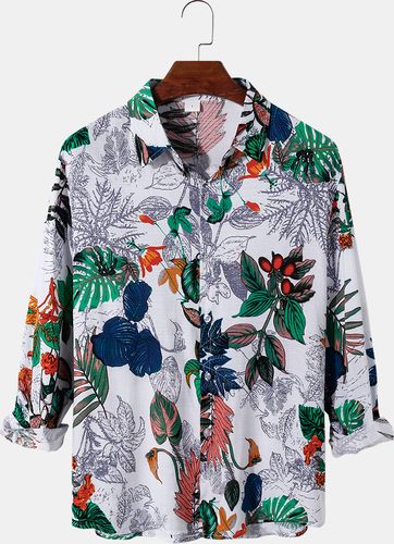Camicie casual a maniche lunghe larghe con stampa floreale e vegetale da uomo in cotone e lino