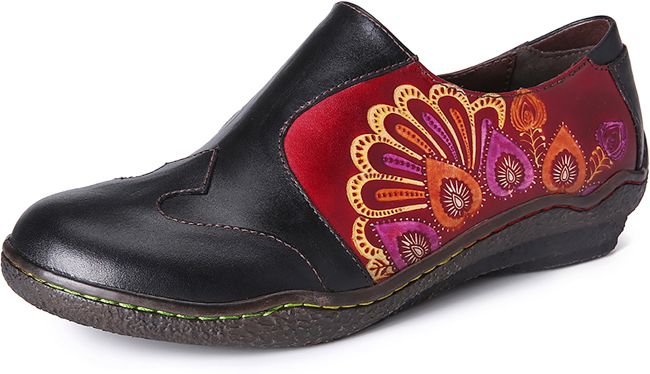 SOCOFY Retro Splicing Fancy Flower Modello Vera Pelle Zipper Slip On Casual Flat Shoes