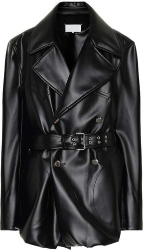 Belted faux-leather coat