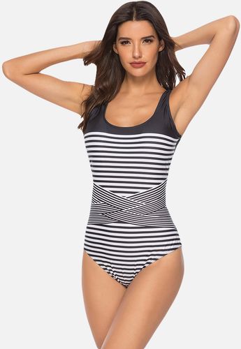 Plus Size Stripe Patchwork Criss Cross Dimagrante One Costumi da bagno per donna