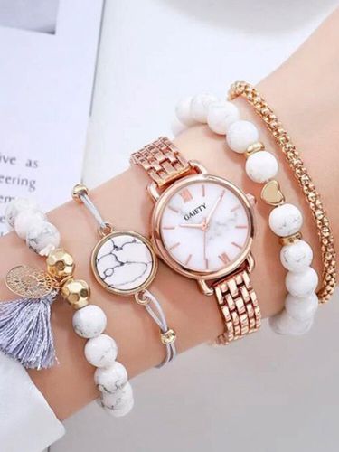 5 pezzi donne Watch Set polso quadrante in marmo Watch braccialetto con perline ciondolo nappa