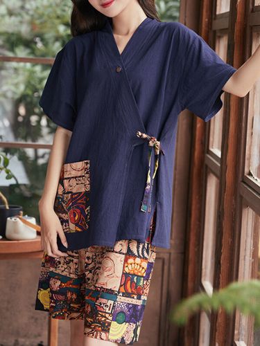 Plus Size Women Stampa Colletto a bottoni Kimono Cotone accogliente Sauna Loungewear