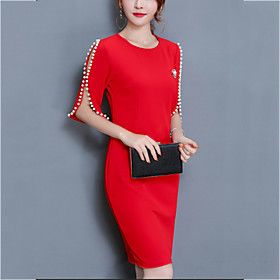 Sheath Dress Short Mini Dress Black Red Red Solid Colored Beaded Spring Round Neck Going out Slim S M L XL XXL 3XL 4XL 5XL / Cotton / Plus Size / Plus