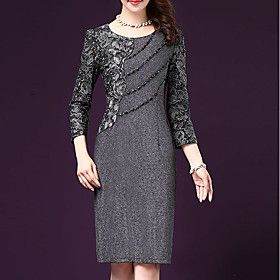 Sheath Dress Knee Length Dress Gray 3/4 Length Sleeve Solid Colored Fall Winter Round Neck M L XL XXL 3XL 4XL 5XL / Plus Size / Plus Size