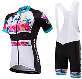 Malciklo Women's Short Sleeve Cycling Jersey with Bib Shorts White Black Floral Botanical Plus Size Bike Bib Shorts Jersey Padded Shorts / Chamois Breathable A