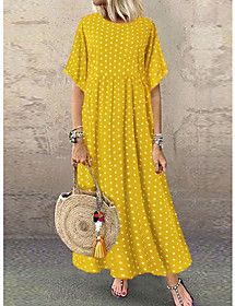Swing Dress Maxi long Dress Yellow Wine Navy Blue Short Sleeve Polka Dot Print Spring Summer Round Neck Hot Casual Holiday 2021 L XL XXL 3XL 4XL 5XL /