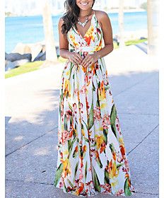 Strap Dress Maxi long Dress Blue Yellow Green White Red Light Blue Sleeveless Floral Print Summer Hot Boho Beach Floral S M L XL XXL