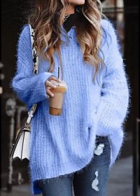Pullover Solid Colored Basic Plus Size Long Sleeve Loose Sweater Cardigans V Neck Blue Blushing Pink Gray
