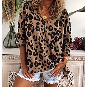 Plus Size T shirt Leopard Cheetah Print Long Sleeve V Neck Tops Blushing Pink Khaki Brown