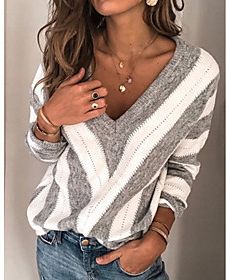 Pullover Sweater Striped Knitted Casual Long Sleeve Sweater Cardigans Fall Winter V Neck Purple Wine Gray