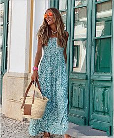 Strap Dress Maxi long Dress Light Blue Sleeveless Print Summer Off Shoulder Casual Mumu vacation dresses 2021 S M L XL