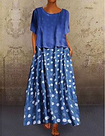 Loose Maxi long Dress Blue Black Short Sleeve Polka Dot Print Spring Summer Round Neck Hot Plus Size Abaya Holiday Loose 2021 L XL XXL 3XL 4XL 5XL