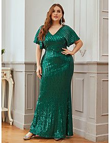 Trumpet / Mermaid Dress Maxi long Dress Green Short Sleeve Solid Color Sequins Fall Spring V Neck Elegant Formal 2021 4XL 5XL 6XL 7XL / Plus Size
