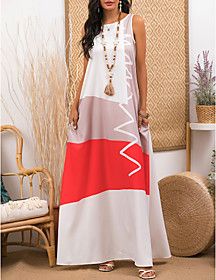 A Line Dress Maxi long Dress White Sleeveless Color Block Print Summer Round Neck Casual Holiday 2021 S M L XL XXL 3XL 4XL 5XL / Plus Size / Plus Size