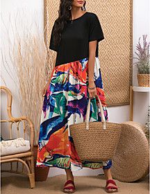 Kaftan Dress Maxi long Dress Black Half Sleeve Print Print Summer Round Neck Casual Holiday Loose 2021 S M L XL XXL 3XL 4XL 5XL / Plus Size / Plus Size