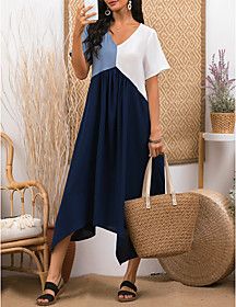 A Line Dress Midi Dress Light Blue Short Sleeve Color Block Color Block Spring Summer V Neck Stylish 2021 S M L XL XXL 3XL 4XL 5XL