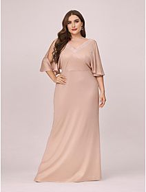Trumpet / Mermaid Dress Maxi long Dress Beige Half Sleeve Solid Color Sequins Fall Spring V Neck Elegant Formal 2021 4XL 5XL 6XL 7XL / Plus Size