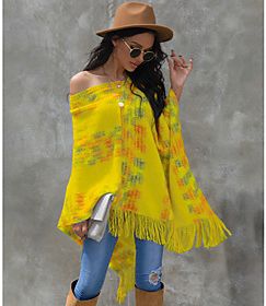 Cloak / Capes Spring Fall Daily Going out Long Coat Loose Basic Jacket Long Sleeve Print Print Yellow