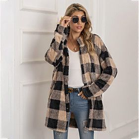 Teddy Coat Fall Winter Daily Long Coat Loose Basic Jacket Long Sleeve Plaid Wine Gray Khaki