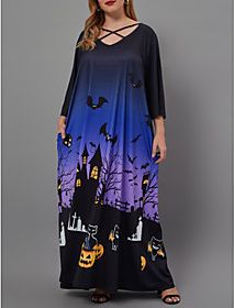 Swing Dress Maxi long Dress Black 3/4 Length Sleeve Print Color Gradient Patchwork Summer V Neck Casual Loose 2021 XL XXL 3XL 4XL / Plus Size