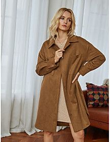 Coat Daily Fall Winter Long Coat Shirt Collar Regular Fit Basic Streetwear Jacket Long Sleeve Solid Colored Brown / Work
