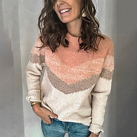 Pullover Color Block Knitted Cotton Basic Plus Size Long Sleeve Sweater Cardigans Fall Winter Crew Neck Blue Blushing Pink Gray