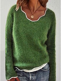 Pullover Solid Color Knitted Faux Fur Stylish Long Sleeve Sweater Cardigans Fall Winter Crew Neck Green