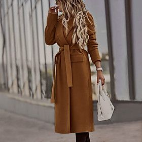 Coat Fall Winter Daily Date Long Coat Notch lapel collar Regular Fit Elegant Luxurious Jacket Long Sleeve With Belt Solid Colored Khaki Black