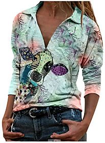 T shirt Cow Long Sleeve Patchwork Print Shirt Collar Tops Basic Basic Top Blue Purple Green