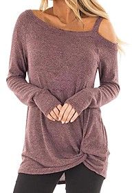 Plus Size Blouse Shirt Plain Long Sleeve Patchwork Asymmetric Knotted Off Shoulder Basic Sexy Tops Black Purple Wine