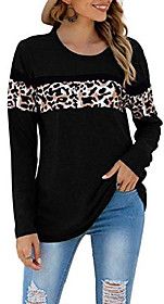 long sleeve crewneck t-shirt leopard print patchwork plus size casual pullover tunics tops (black, l)