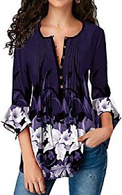 fashion flower print 3/4 bell sleeve tops buttoned pleated blouse shirts navy m